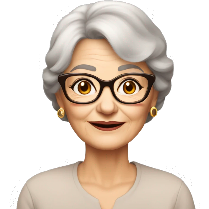 80 years old girl
Short brown hair with bob styling
light skin small
glasses with refined frame
Brown eyes with cat eye liner emoji