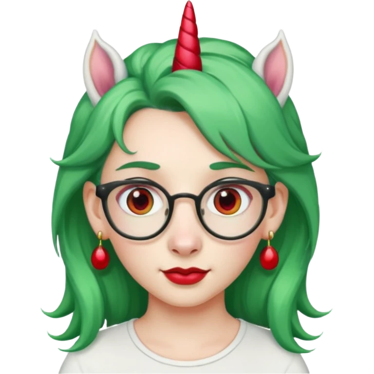 white unicorn with green hair and big red earrings looking into camera and spectacle emoji