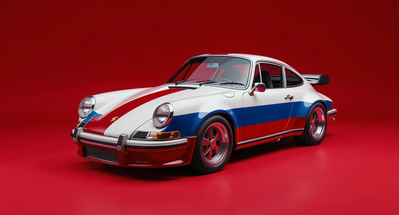 Medium shot of a porsche 911, body of car made of russian capret, red solid studio background, low keu light, top soft light, dutch angle,  captured by ARRI 65 emoji