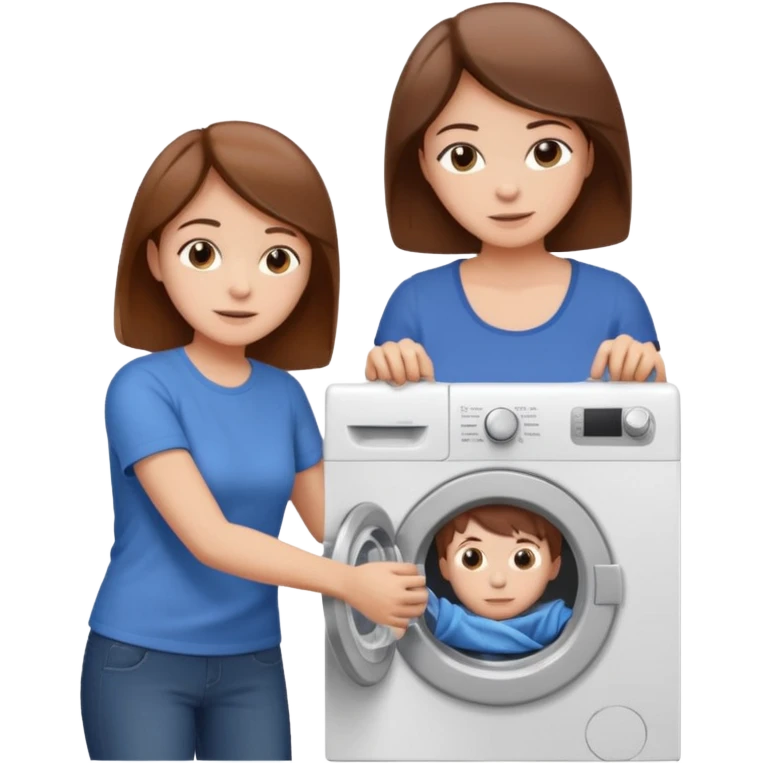 Mother and little son with brown hair putting clothes in the washing machine emoji