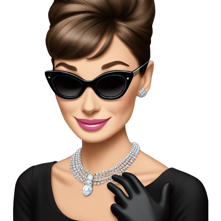 A single, simple and basic emoji of cute, smiling Audrey Hepburn from Breakfast at Tiffany’s wearing black dress, black gloves, black sunglasses, sliver necklace, and light pink lipstick  emoji