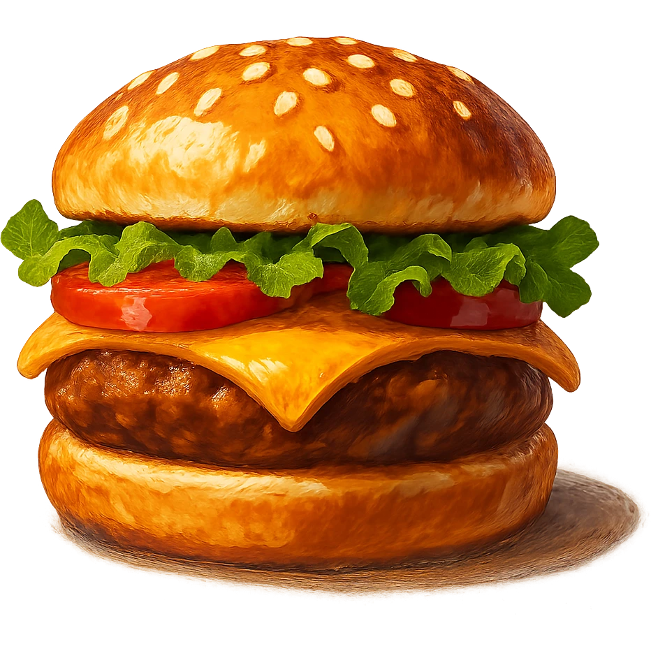 В слега рисованном, но при этом ярком и объемном стиле сгенерируй картинку сочного американского бургера, профессионально выставленный свет, который подчеркивает объем, прозрачный фон emoji