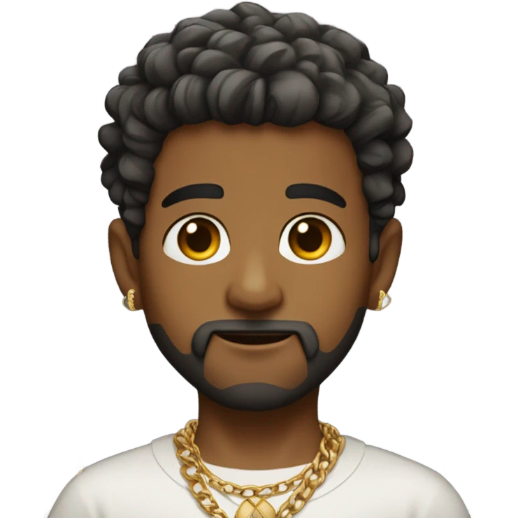 indian boy, with low taper fade and fluffy hair, , and a started beard, wearing gold chains, with earing.\ emoji
