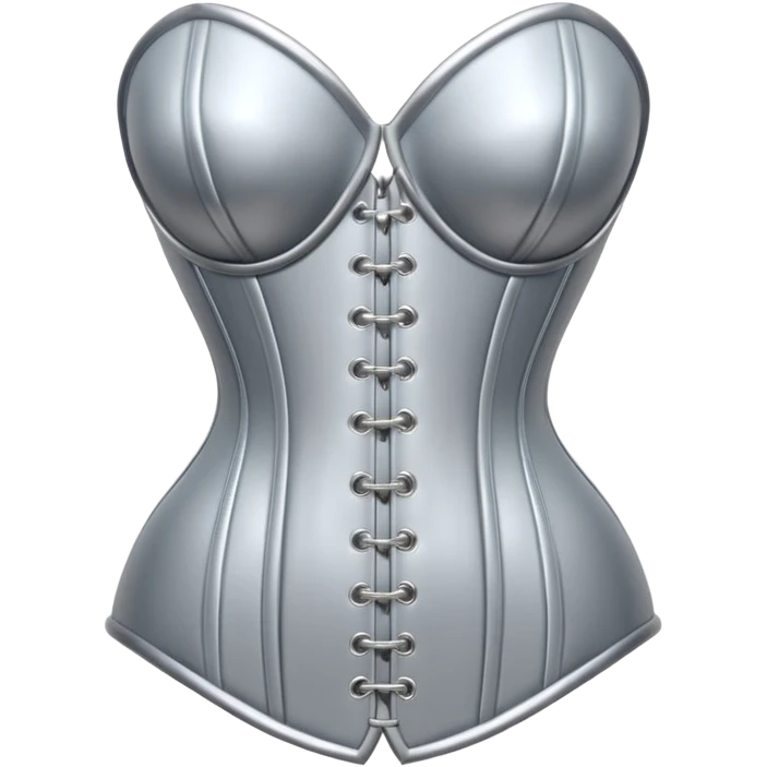 A luxury corset emoji made of silver chrome, smooth metallic curves, minimal fashion silhouette, glossy reflections, sensual high-end aesthetic, iOS emoji style, centered, clean white background emoji