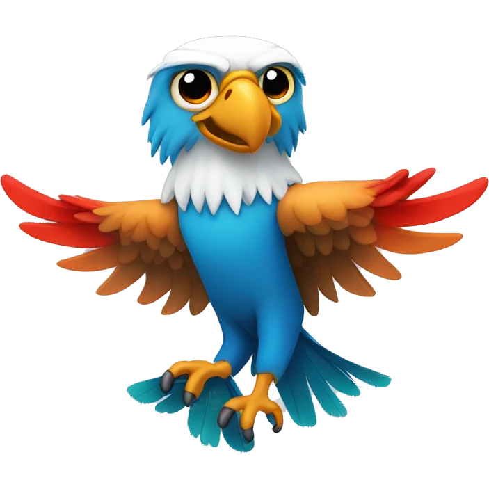 create a blue eagle with colorful wings in the colors: orange, red and green. This eagle has to be holding a white mug. emoji