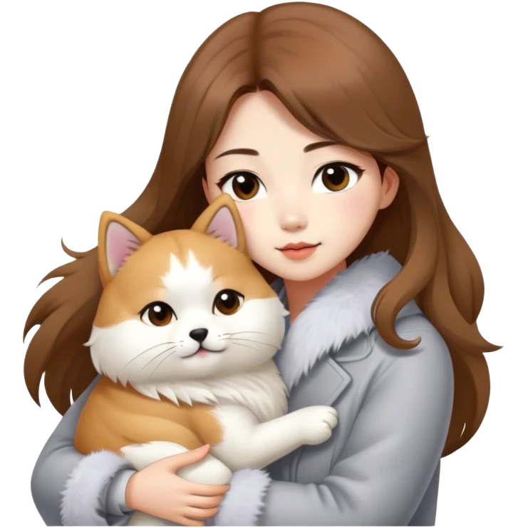 A Chinese fashion girl with brown hair, wearing a light gray fur coat, hugging a Shiba Inu and a long-haired white Persian cat. emoji