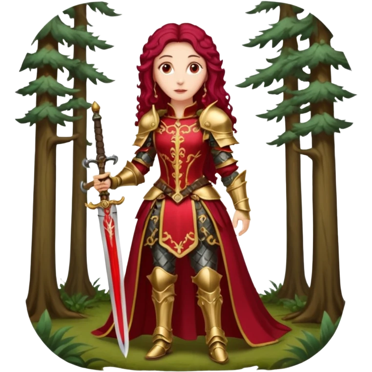 realistic cinematic actress Cher in baroque styling with crimson armor in a forest emoji