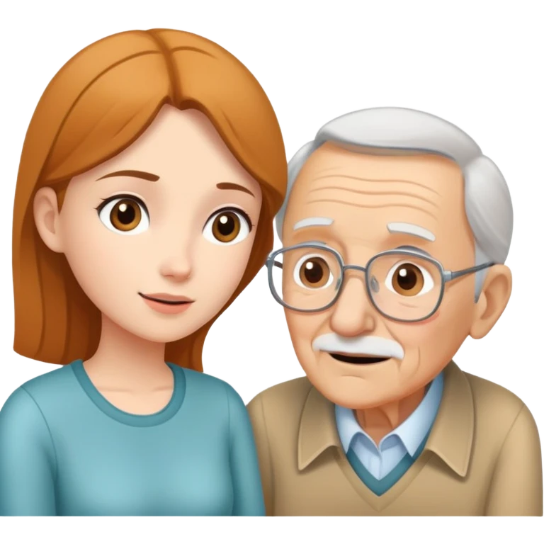 Young adult woman talking to elderly grandfather, family conversation about finances emoji