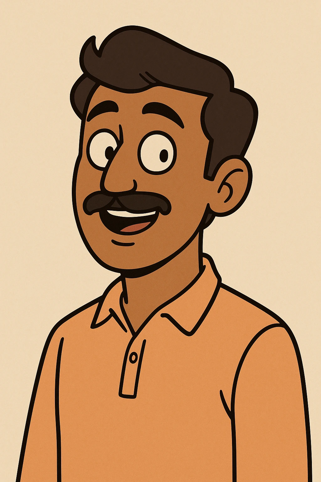 smiling, curious Indian young man with a moustache, cartoon style emoji