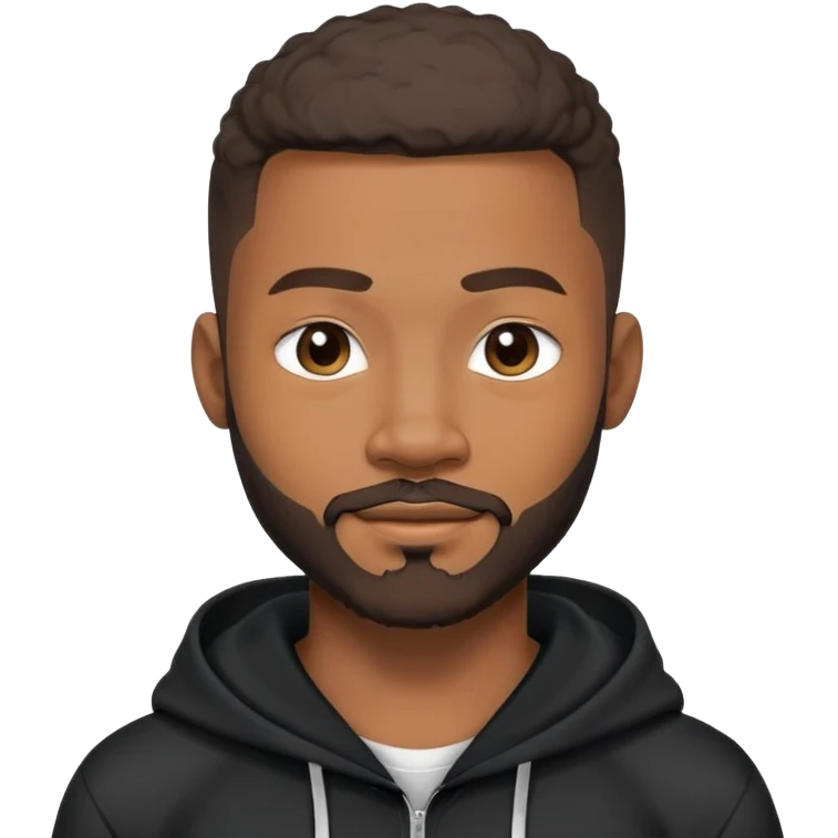 African yound man in his late 20s with a wink and  full short boxed beard and moutache , crew cut hair style, black hoody emoji