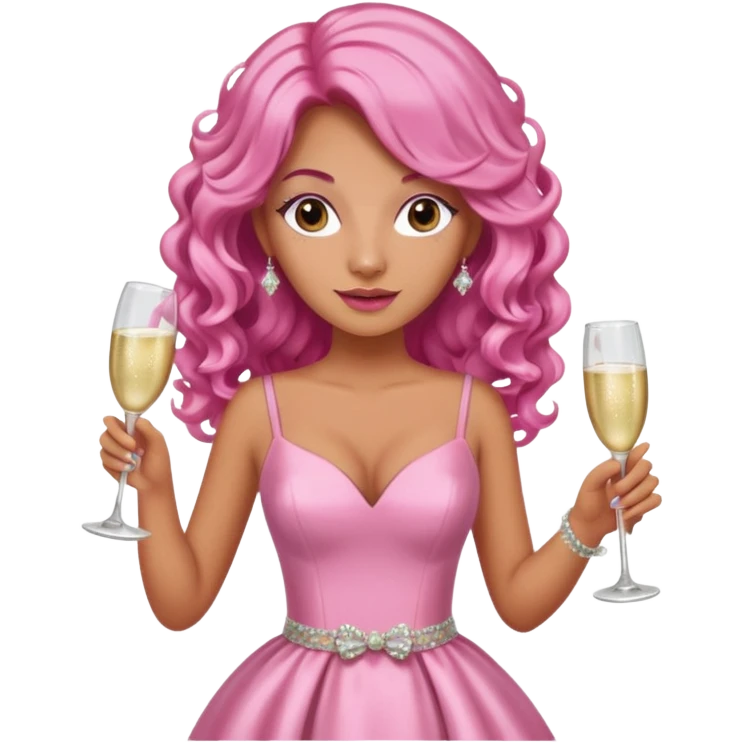 One lady with long pink curled hair and tan skin holding two pink champagne glasses emoji