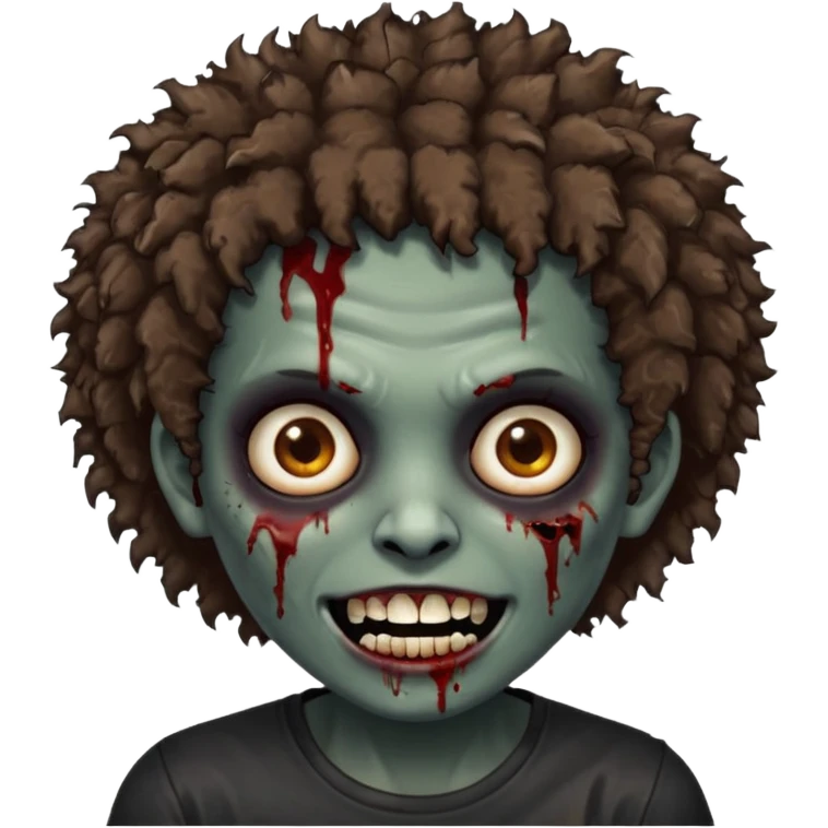 zombie with brown skin, short messy afro hair, wide centered brown eyes, dark bloody marks under the eyes, and a smile showing shiny metal teeth,black shirt, giving a distressed, undead look. emoji