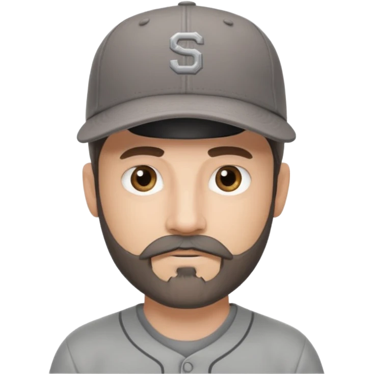 white male with dark brown goatee beard and moustache with grey tones wearing a grey baseball cap back to front with hazel eyes emoji