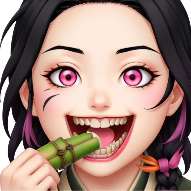 Nezuko from Demon Slayer biting down on bamboo muzzle with teeth visible, pink eyes and black hair with orange tips emoji