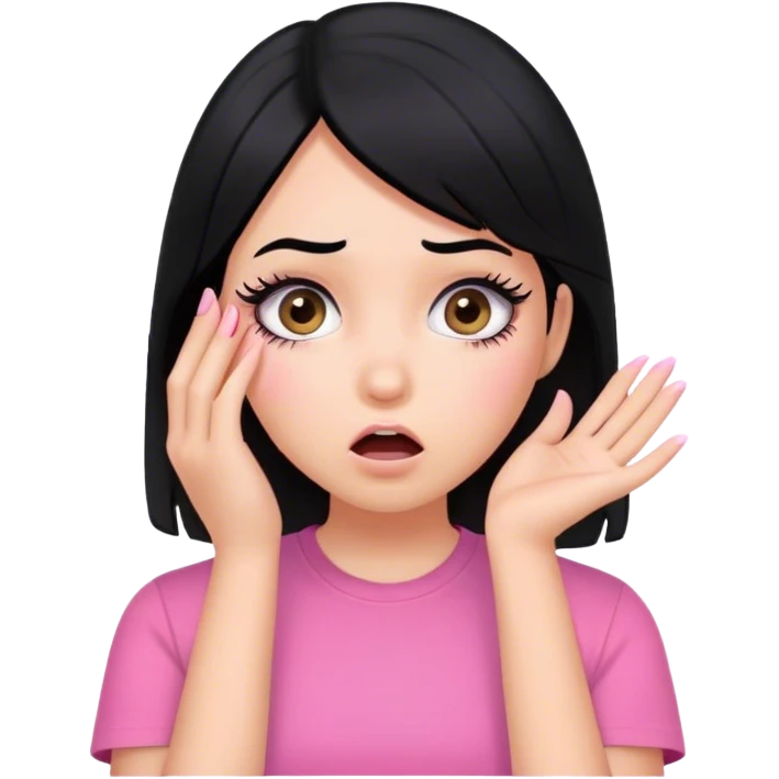 Face girl shocked with hand on face black hair pink shirt full of lashes emoji