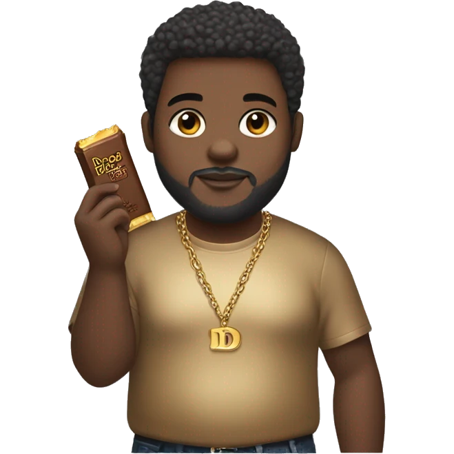 Fat African American with short hair & gold chain, holding a chocolate bar in a Dior shirt with a beard   emoji