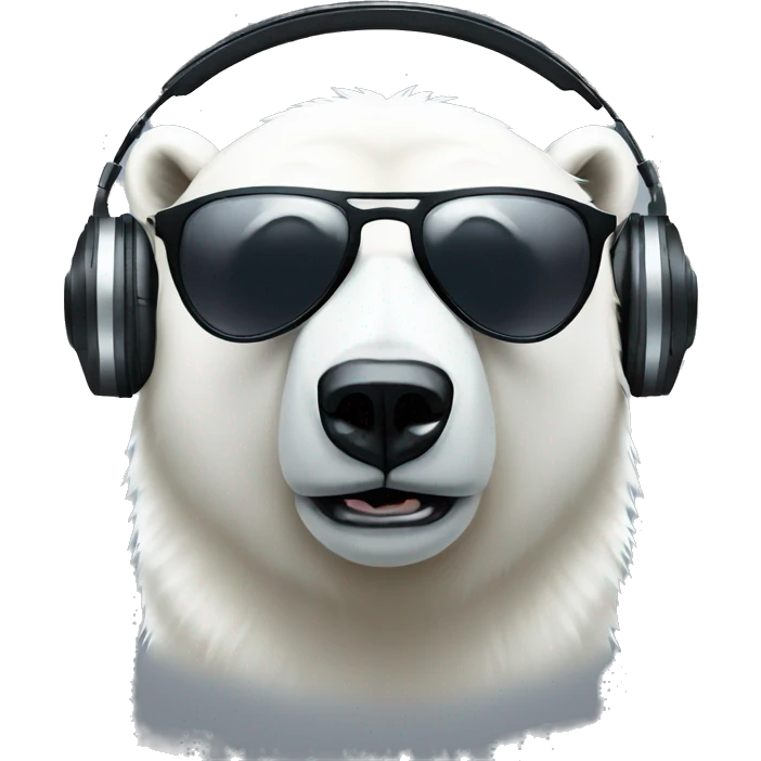 handsome polar bear dj, emoji head, looking forward, wearing dark sunglasses, wearing over-ear headphones on top of head emoji