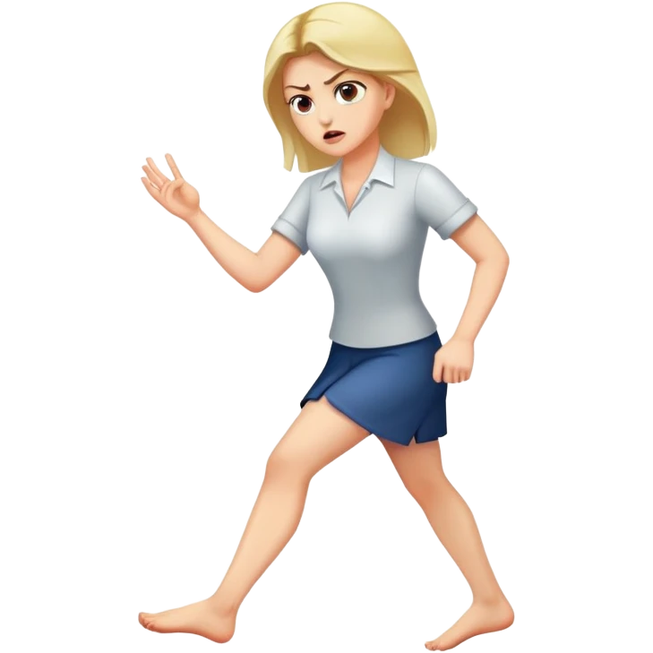 A handsome woman who raises her right foot and looks at anger emoji