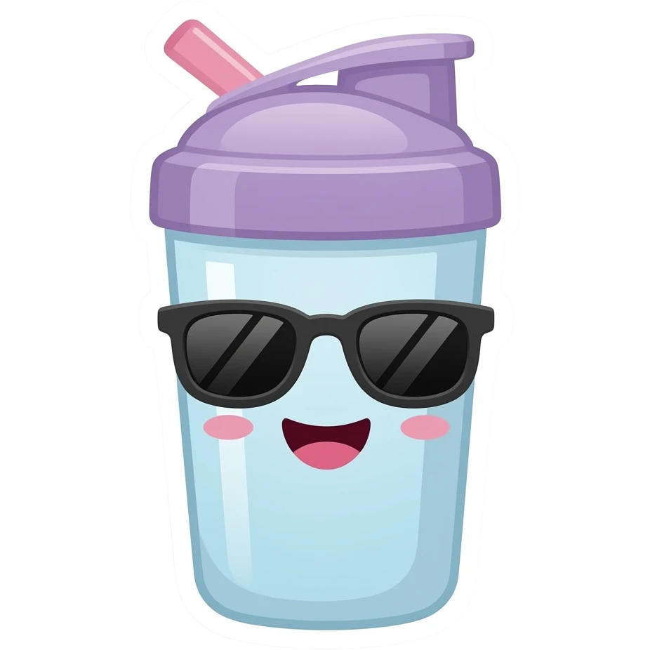 "A cute sticker of a happy protein shaker bottle wearing sunglasses, aesthetic pastel colors, minimal vector style, white border." emoji