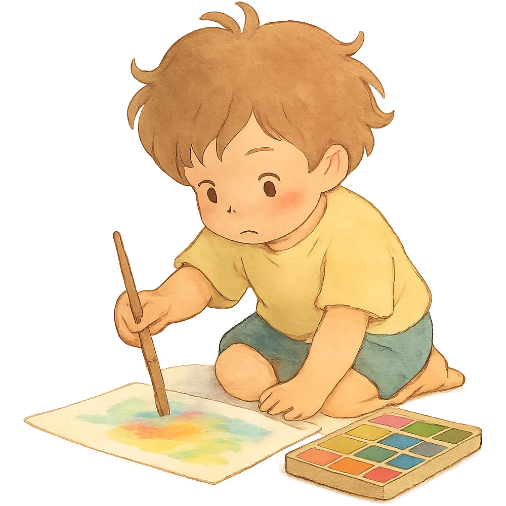 ghibli style illustration of a child painting with soft colors emoji