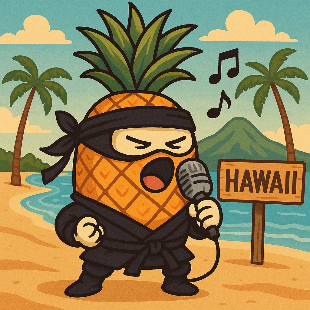 a pineapple singing in Hawaii, wearing a ninja costume emoji
