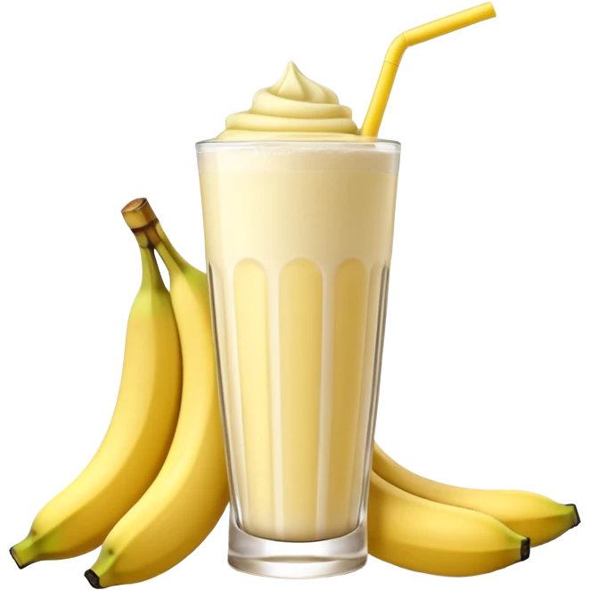 A 3D cartoon glass of banana shake, light yellow creamy texture, straw and banana slice garnish, glossy reflection, natural daylight, Memoji-style. emoji