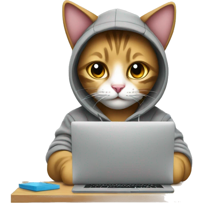 cat is a graphic designer in a hoodie and headphones, working at a computer in photoshop emoji