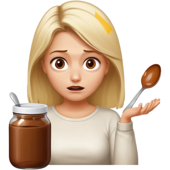 Nutella with a spoon. The glas of Nutella is almost empty . Only the one carriage of Nutella. Next to the Nutella is the head of a blond woman who is desperate to eat the Nutella  emoji