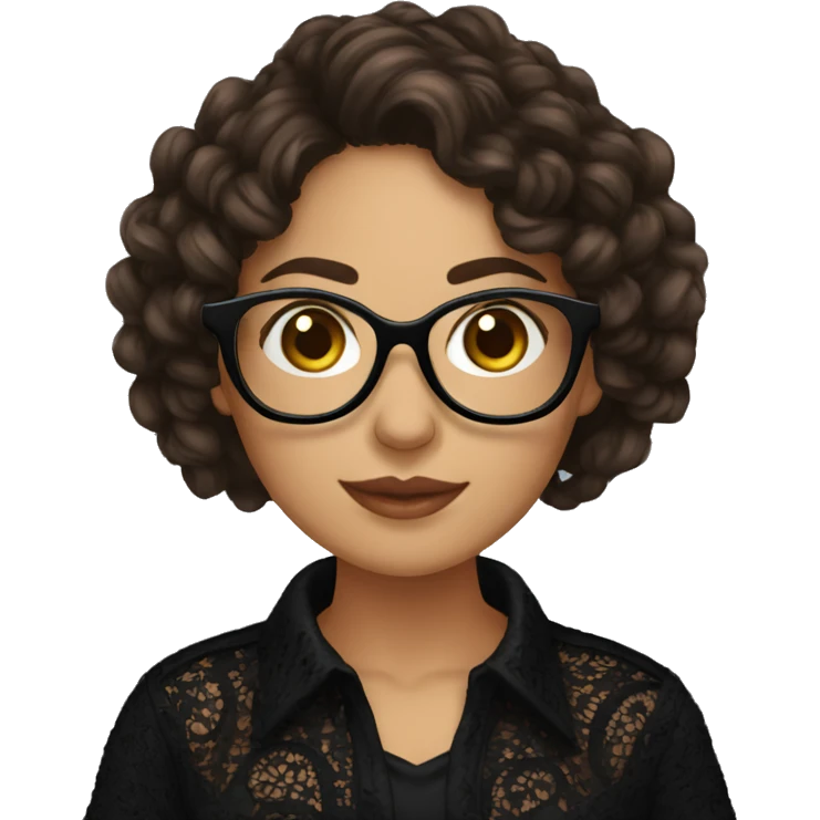 Hispanic woman with black glasses and long brown curly hair holding yarn wearing a black lace shirt emoji