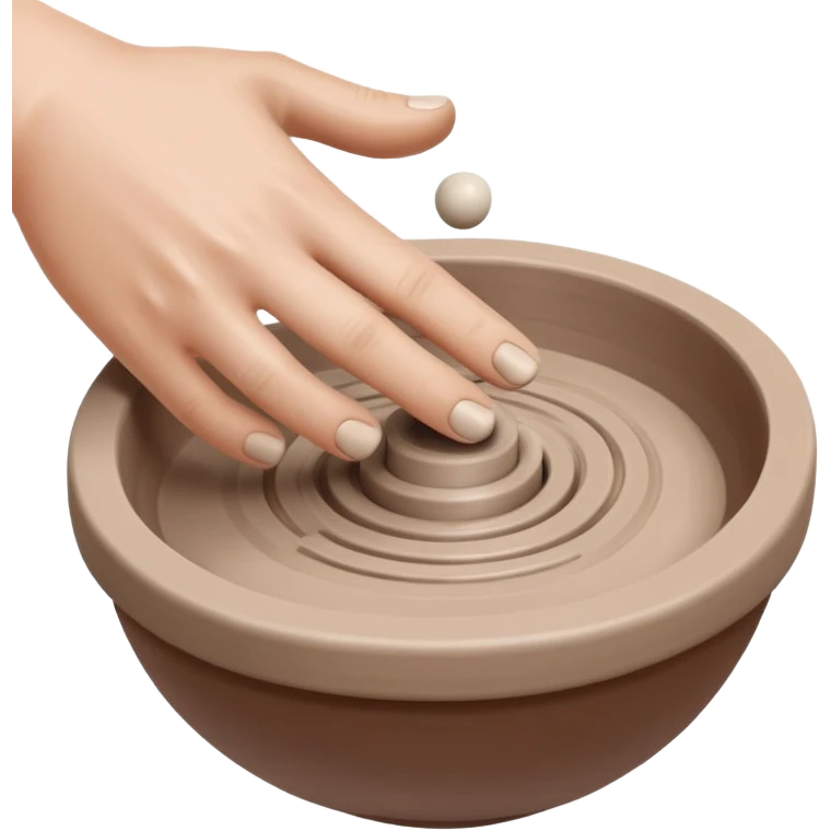 thumb pressing side of a clay ball down onto a silver pottery wheel, thumb at the bottom of the clay, pottery gesture emoji