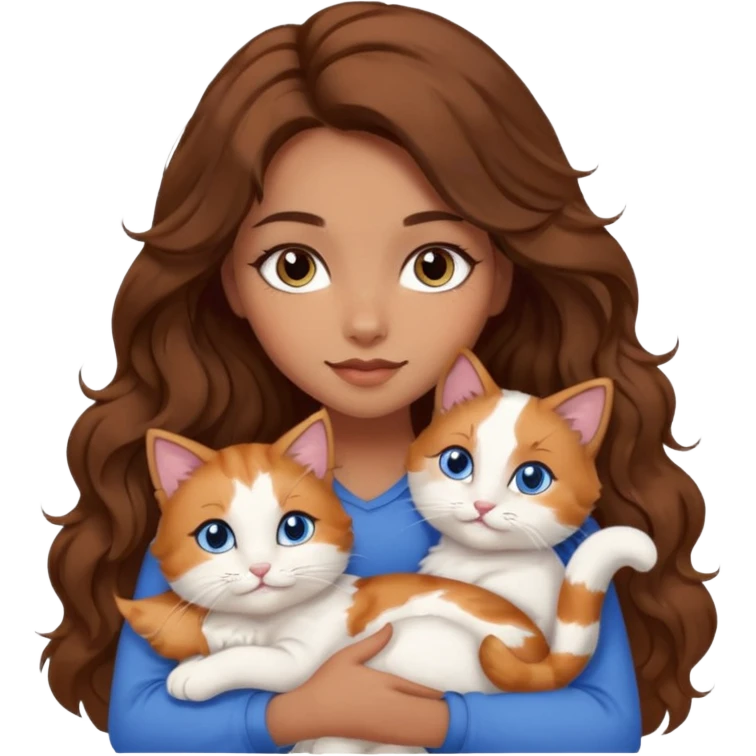 girl with long wavy brown hair, blue eyes, long lashes makeup, cuddling with 6 cute cats emoji