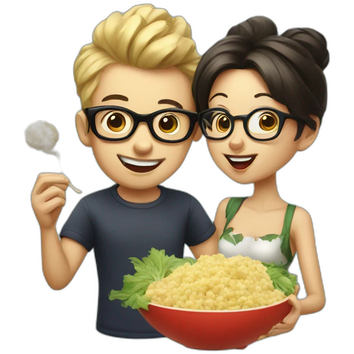 Boy with glasses and pin up girl eating garlic emoji