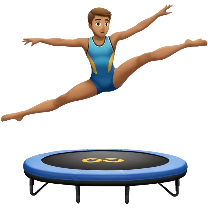 An athletic person soaring high above a trampoline, executing an acrobatic flip with perfect form. The scene captures motion and energy, with a dynamic pose, stretched limbs, and a focused expression. The background suggests a professional trampoline arena with safety padding. emoji