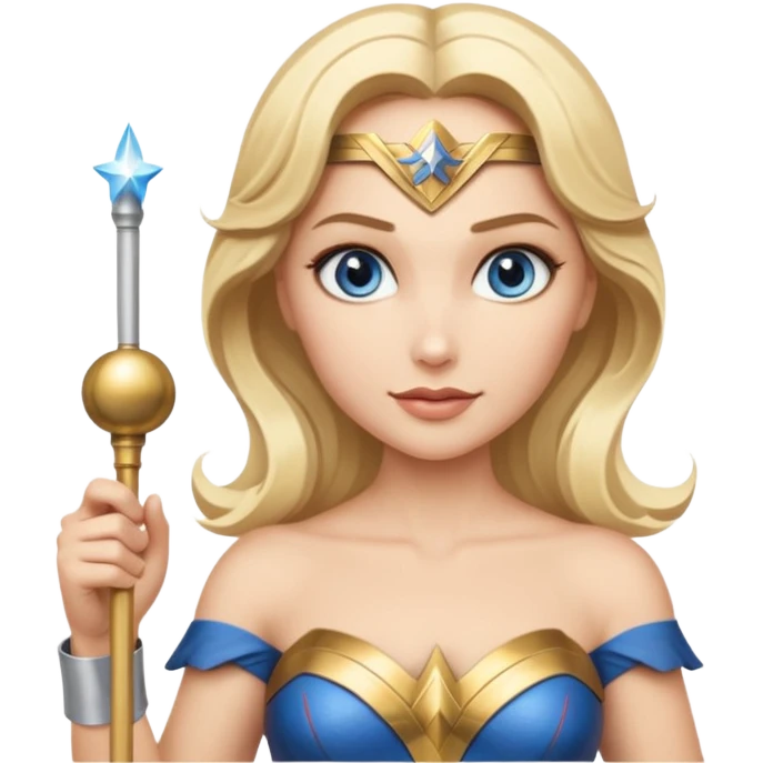 Blonde blue eyed Wonder Woman holding white orchestra conductor’s baton and bell emoji