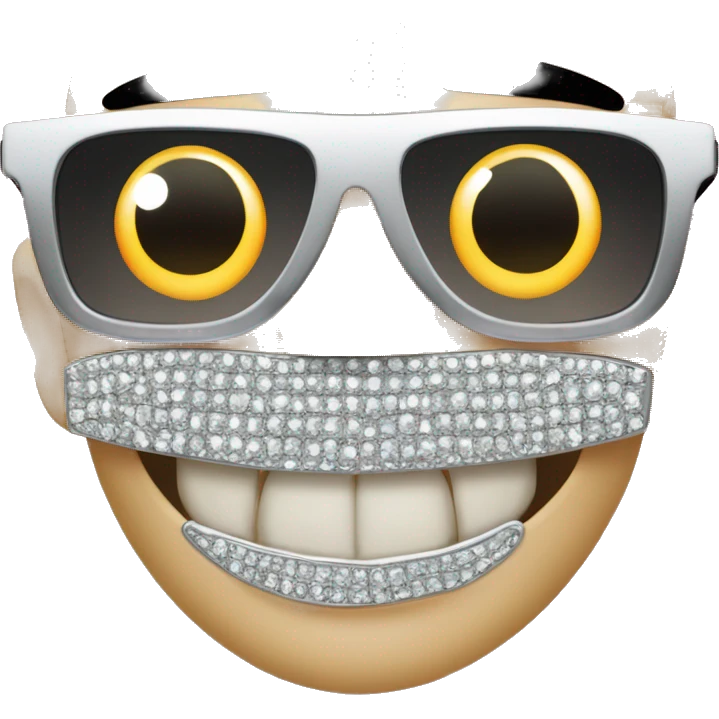 movie star with black sunglasses has shiny diamond teeth, his teeth are diamonds, shiny diamonds and jewels where teeth would be emoji