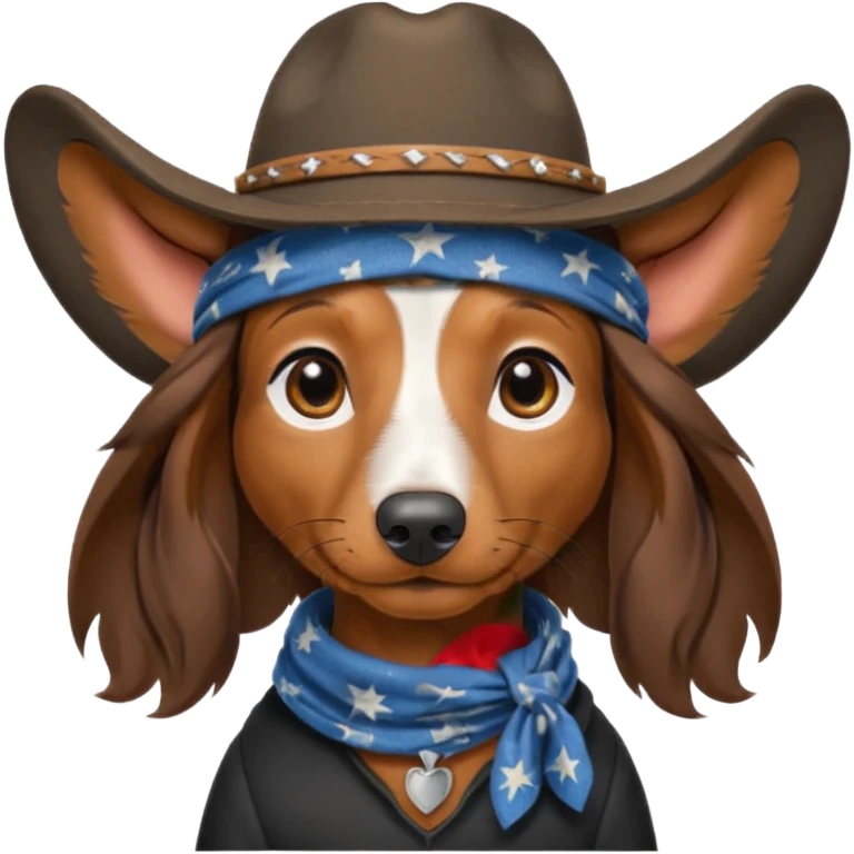 mostly black with some brown long hair daschund with a cowboy hat, ears curl out a bit and bandana emoji