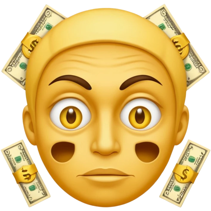 greed emoji, expressive face, money or dollar signs, yellow face emoji