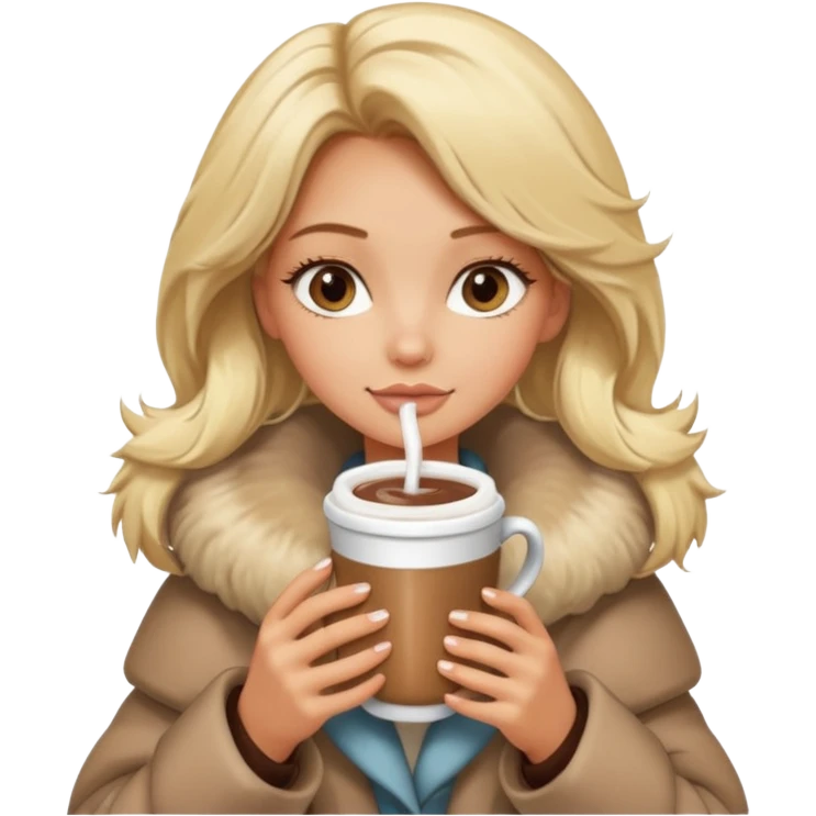 Tanned Girl with lashes , blonde hair, in an extremely big fluffy oversized coat and hold hot chocolate drink emoji