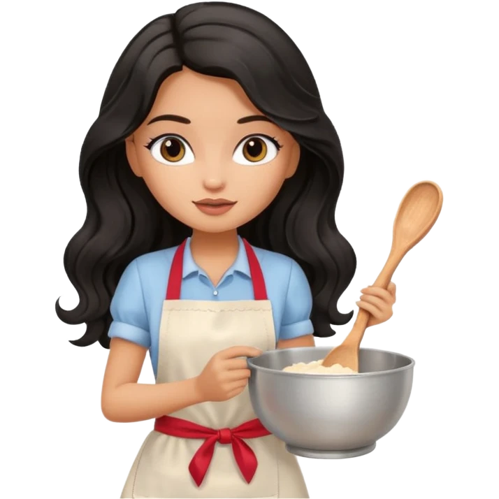 a pretty tan bratz girl with black wavy long hair baking at home emoji