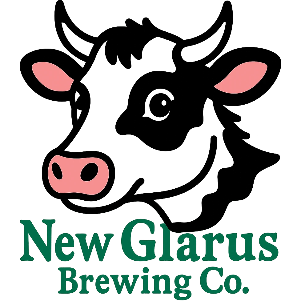 Change the cow on the close-up New Glarus Spotted Cow beer label to black and white, keep the green background and 'New Glarus Brewing Co.' text, no background. emoji