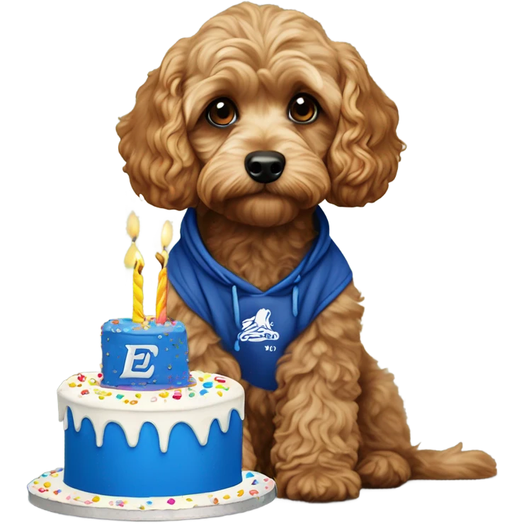 Cavapoo wearing an Everton hoodie with a birthday cake emoji