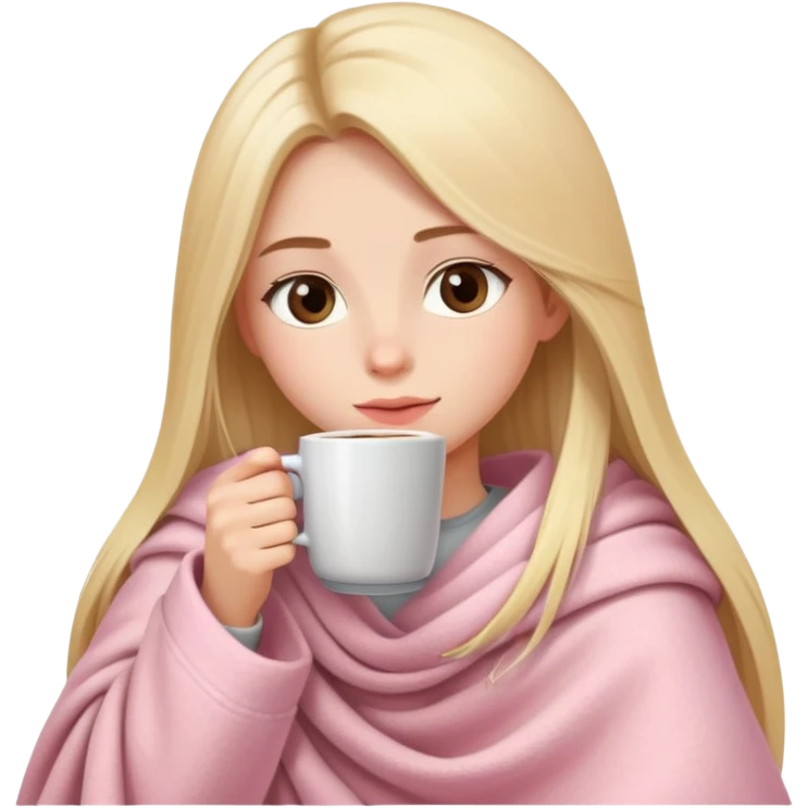 Long blonde straight hair girl drinking coffee, small brown almond eyes, with a soft pink cozy blanket emoji