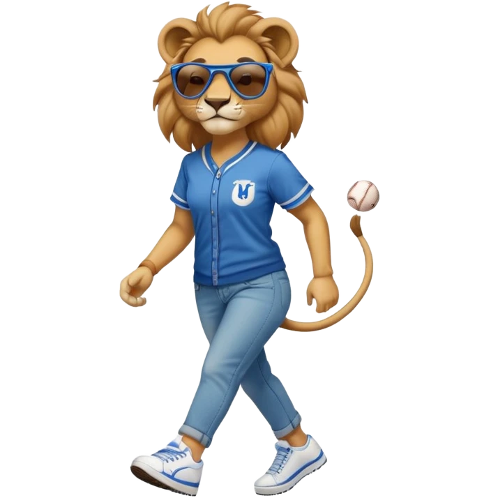 friendly anthropomorphised female lion wearing a baseball shirt, jeans, trainers, dark sunglasses, walking upright with a confident stride emoji