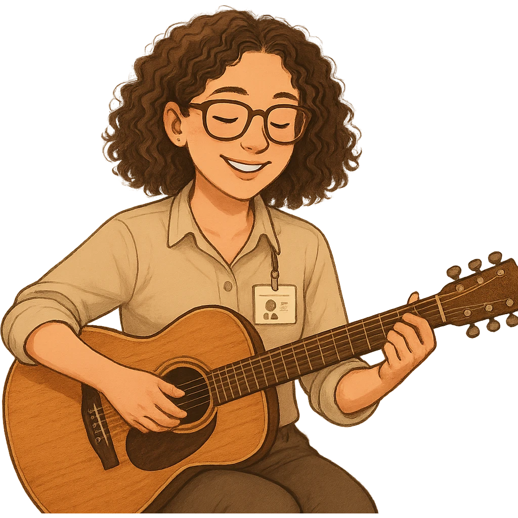 Curly brown-haired girl with brown-framed glasses, wearing a shirt, playing guitar, music therapy internship theme, warm, professional, inviting emoji