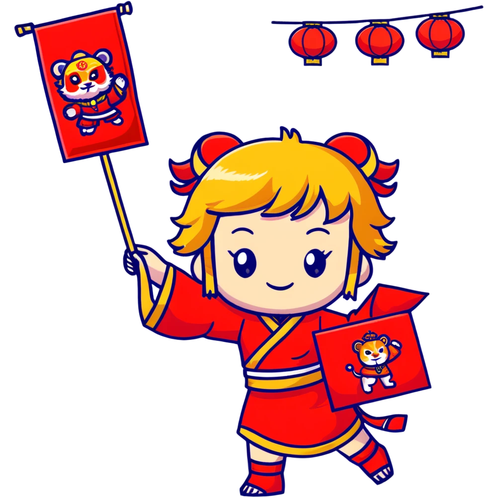 cute chibi girl in festive red embroidered skirt, gold hair accessories, red envelope hair clip, cartoon lion dance helmet, holding gold '恭喜发财' banner with both hands, smiling, full body, main colors red and gold, strong Chinese New Year vibe, cartoon style emoji