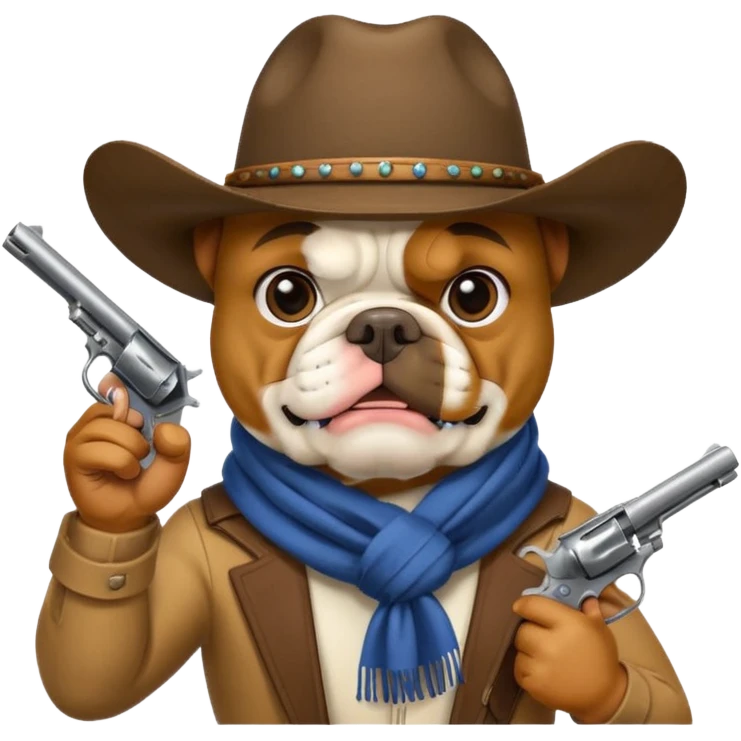 A bulldog wearing a cowboy hat, covering his face with a scarf so he wouldn't be recognized, pointing a revolver at you, telling you to hand over your money. emoji