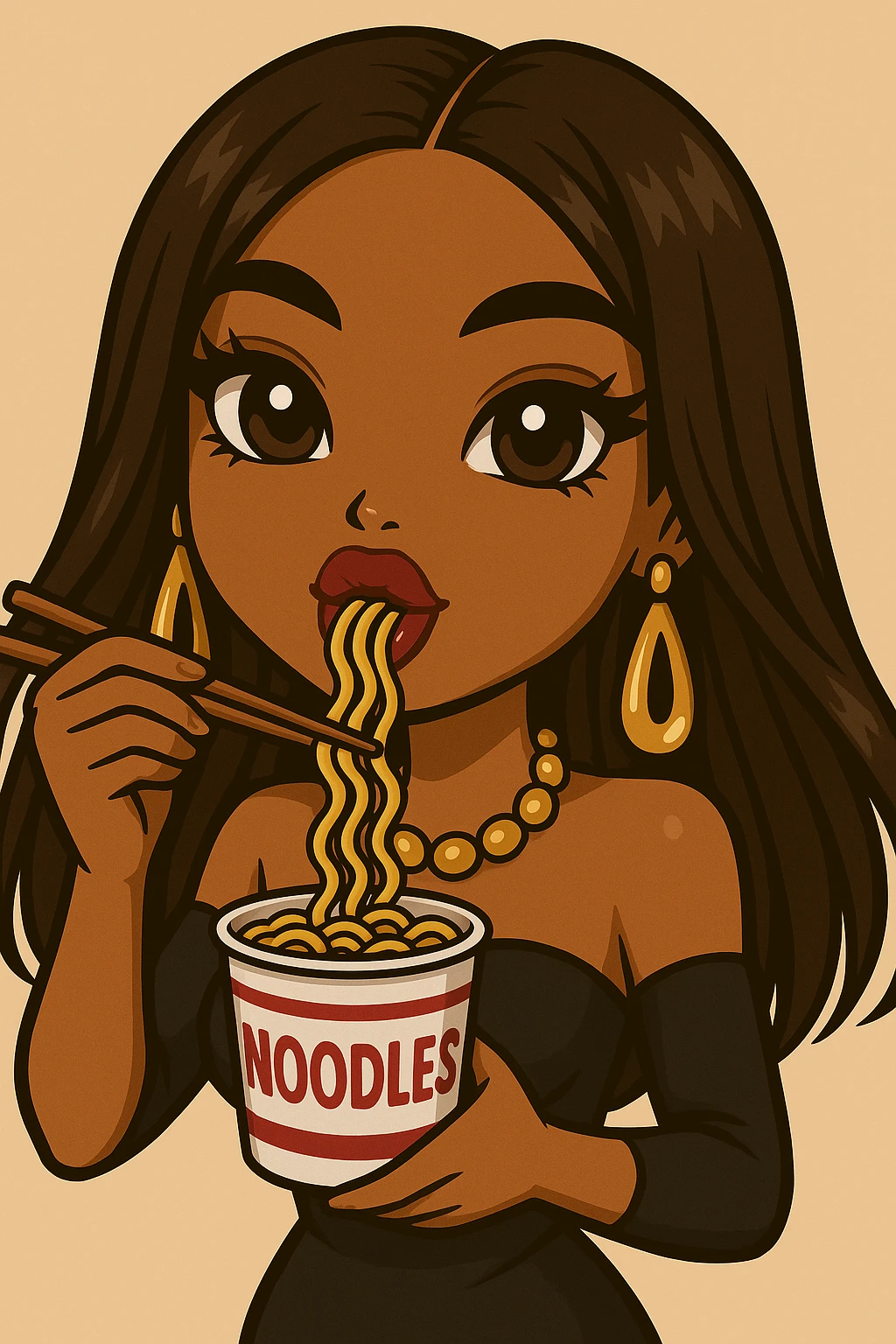 Remove any winking, keep both eyes open, eating a cup of noodles with chopsticks, headshot only, 20-year-old anime Bratz style woman with dark skin, straight hair, trendy outfit, big expressive eyes, glossy lips, no hat, no tears, happy expression, looking straight ahead. Maintain the anime Bratz style and the described features. emoji