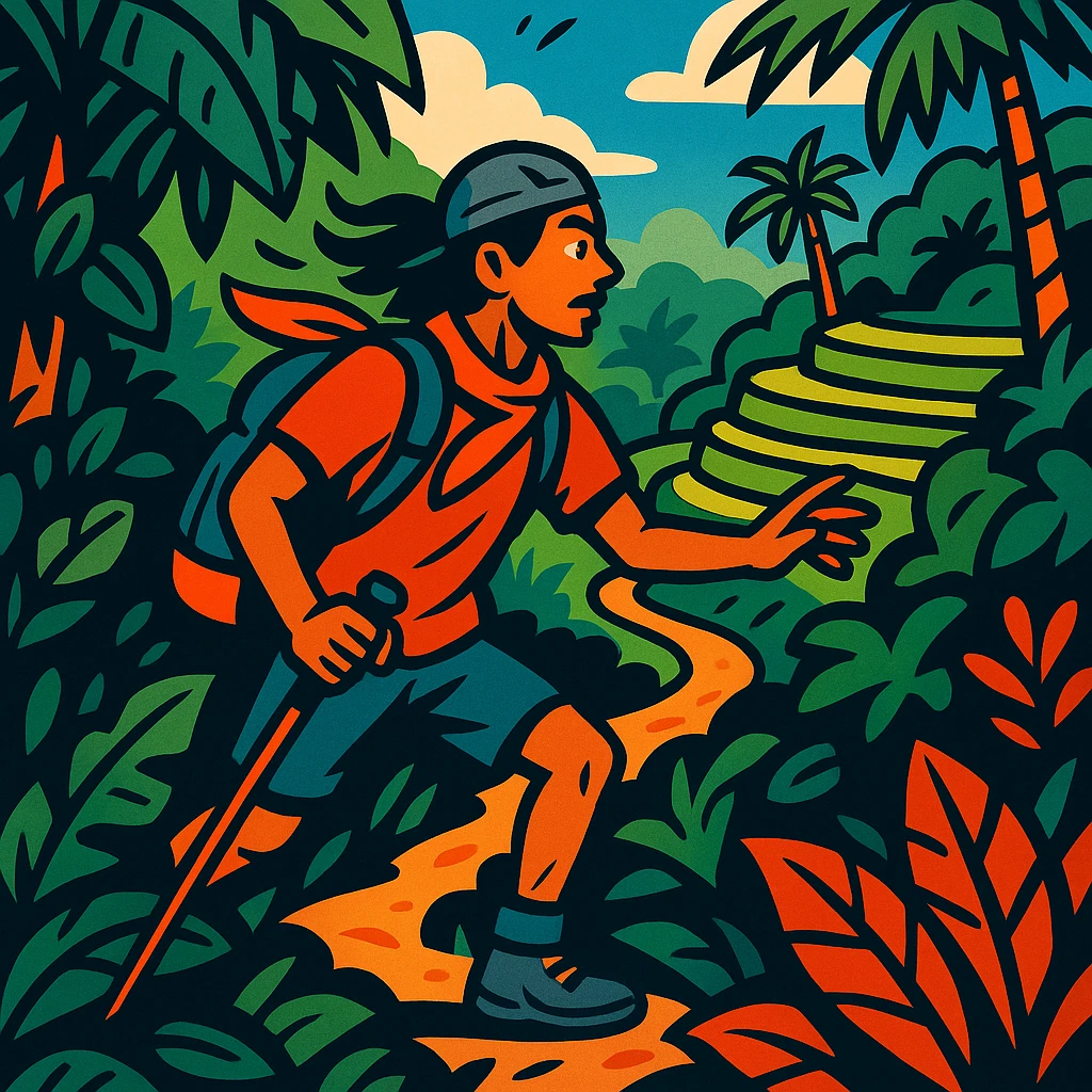 comic book panel 2: the Bali nomad hikes through dense jungle and rice terraces, discovering a hidden path, dynamic action, bold lines, vibrant colors, comic book style emoji