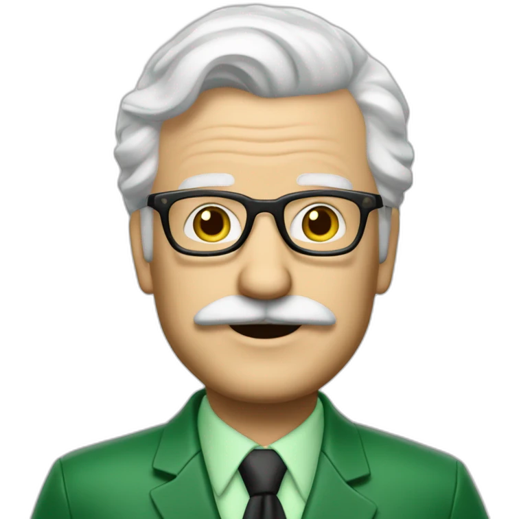 meester frank visser white hair, white mustache and glasses. Nice green suite emoji