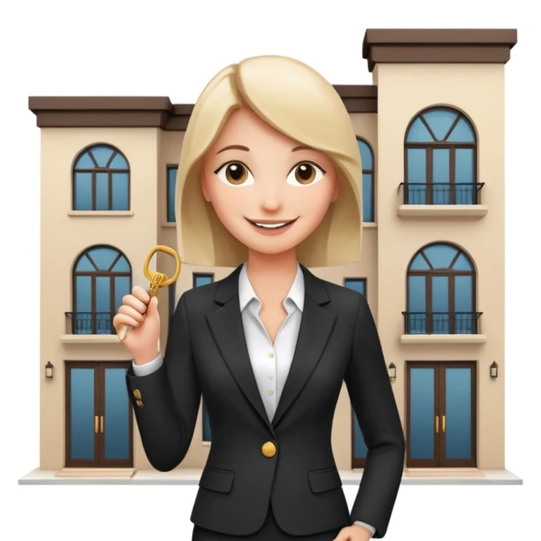 woman in elegant suit, holding keys, smiling, standing in front of a modern Dubai townhouse emoji
